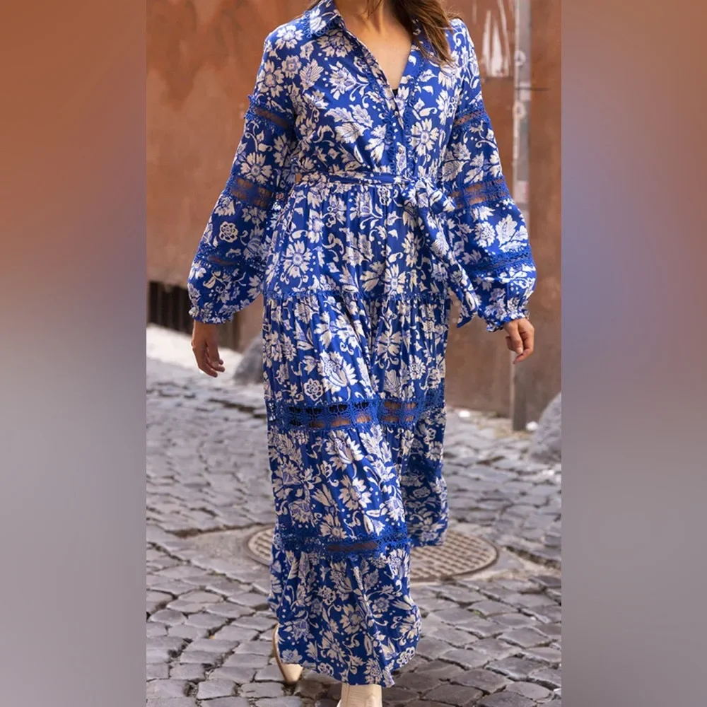 Miss June Paris ~ Chiara Dress /Elegant Blue Floral Long Sleeve Dress
Size F - Picture 2 of 9